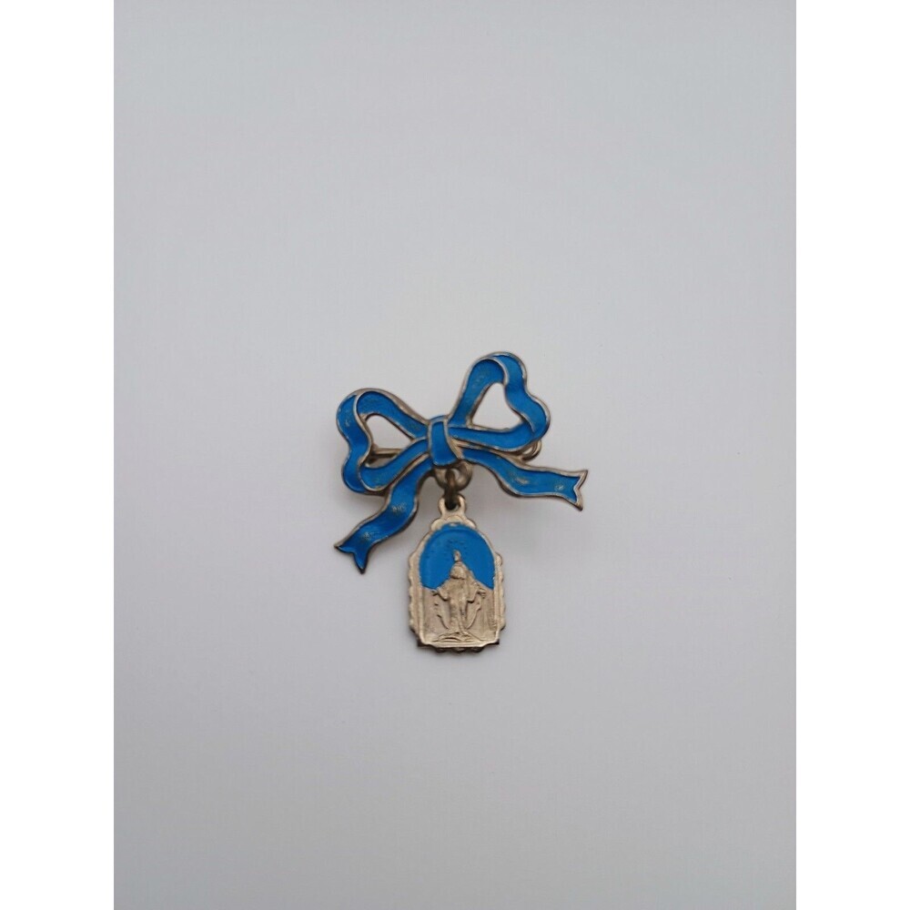 Vintage Blue Ribbon Enamel Saint Mary Religious Dangle Pin Brooch ITALY